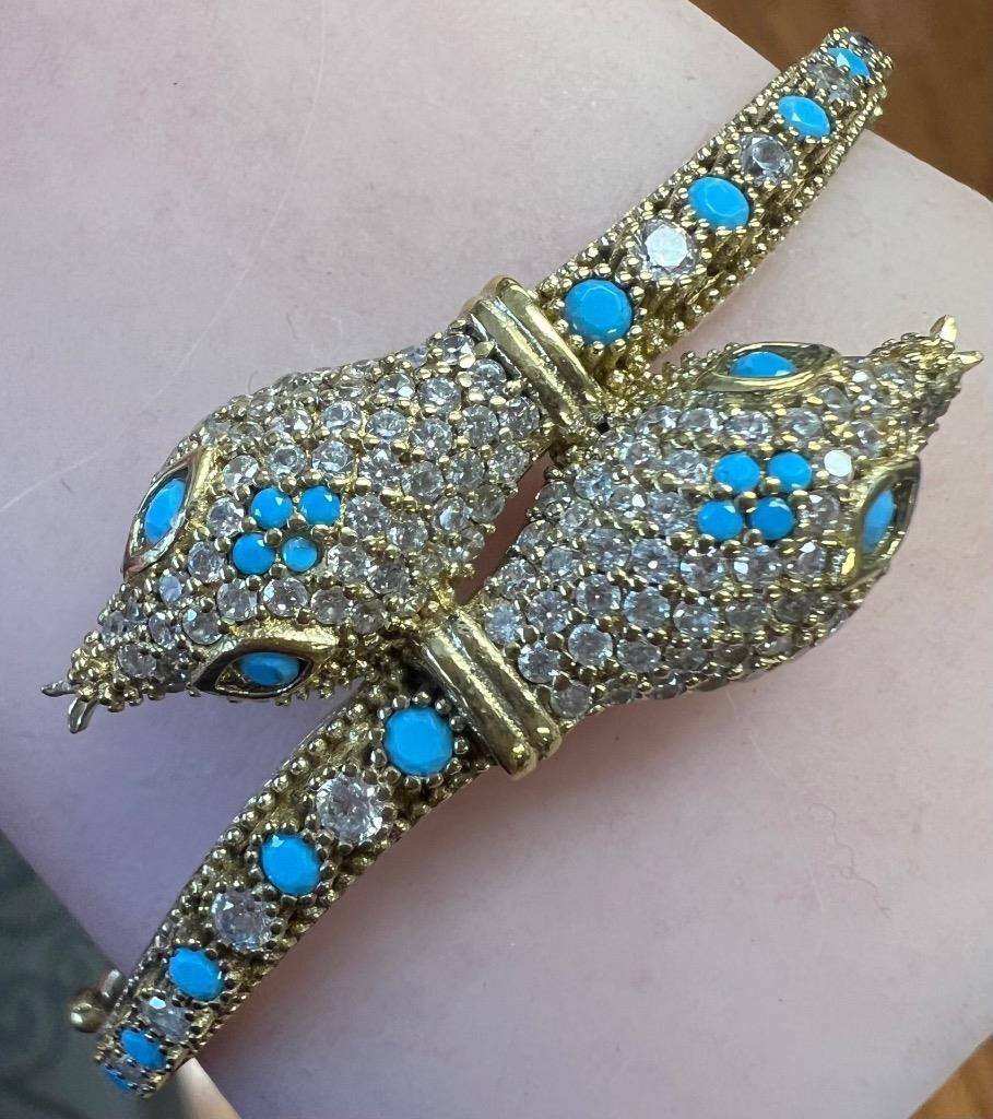 Snake Bracelet REAL Blue Turquoise 14K Gold on SOLID 925 Etruscan Victorian Rev.
