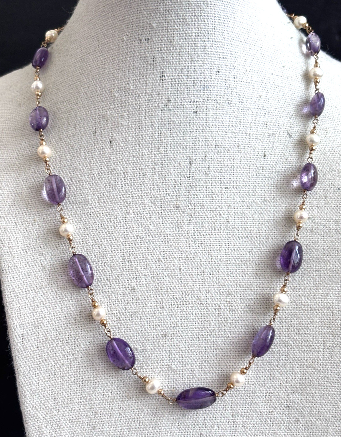 Polished Amethyst And Freshwater Pearl Beaded Necklace 14/20k Gold Filled Clasp