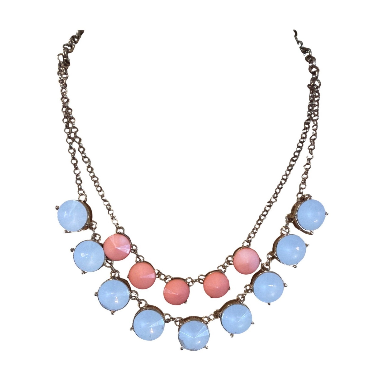 Peach and Light Blue Faceted Stone Double Layer Gold Tone Statement Bib Necklace