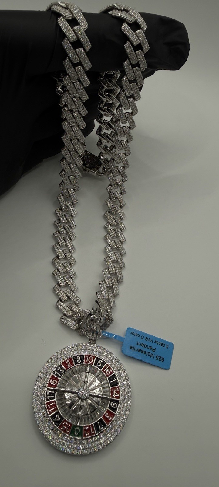 12mm 22” Monaco Link Moissnaite 925 With A Casino 925 Moissnaite Pendant