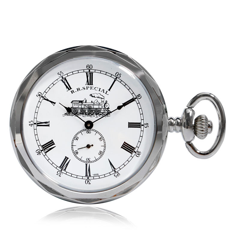 Silver Hand Winding Pocket Watch with Chain Open Face Railway Engine Mechanical