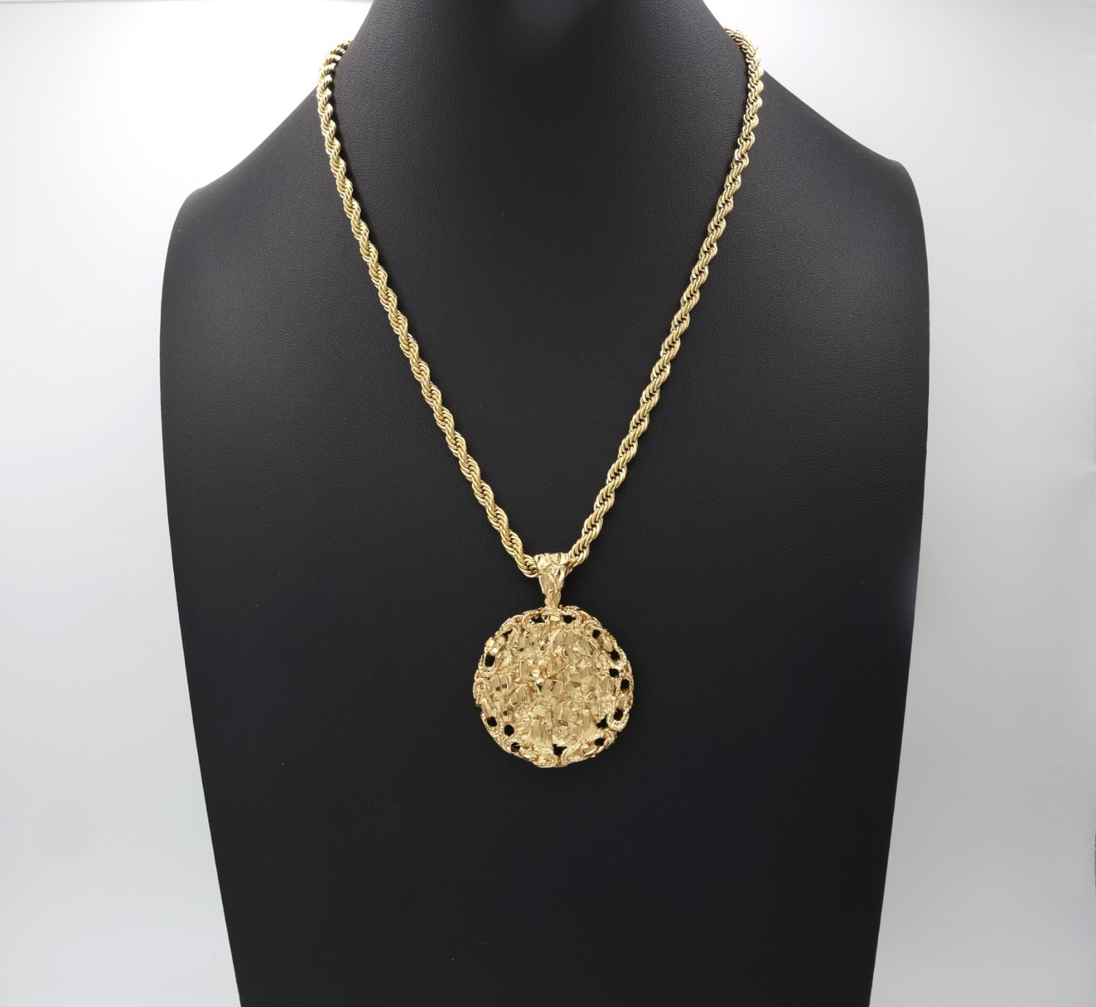 Large Gold Nugget Necklace, 5mm French Rope Chain, 14k Heavy Plated Gold