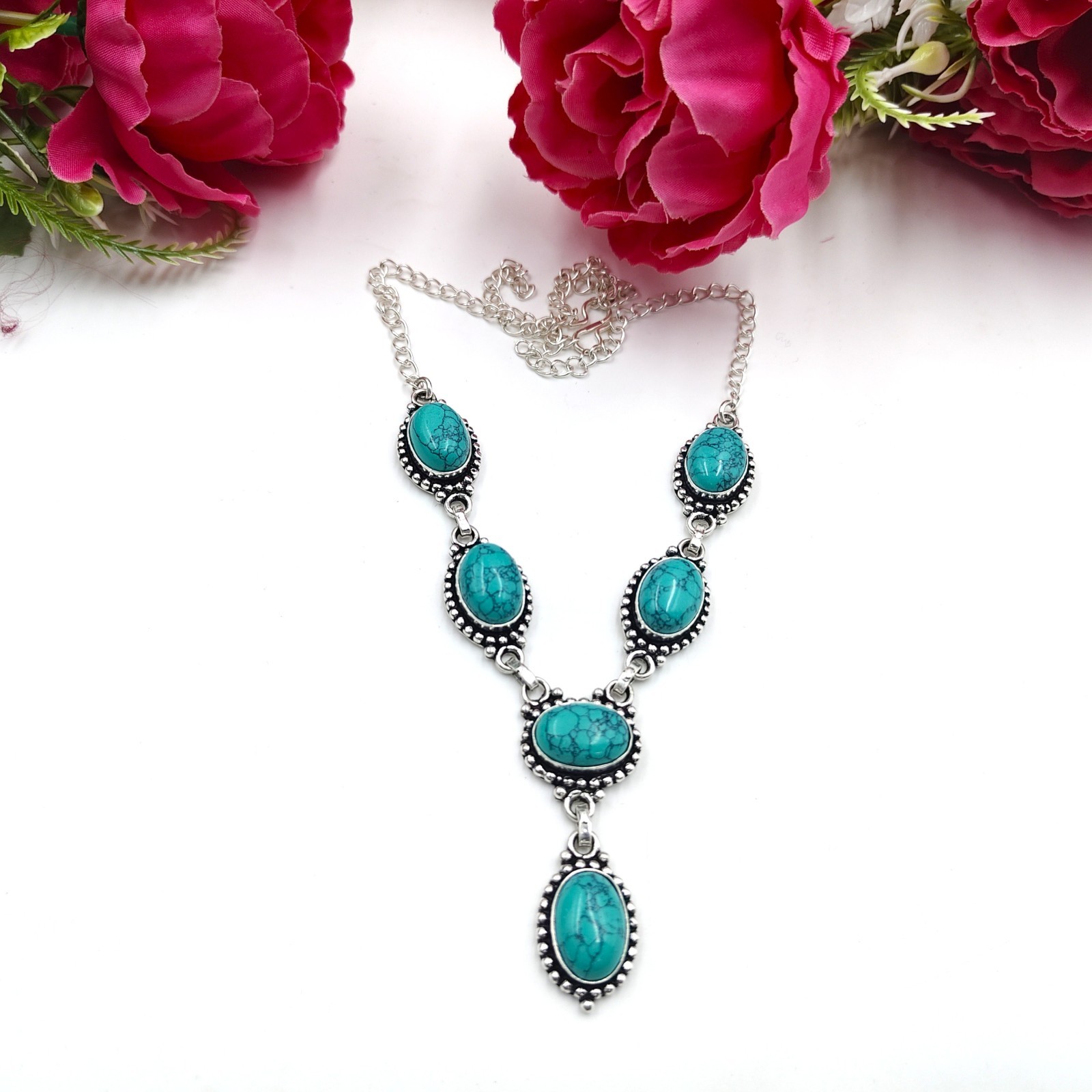 Blue Turquoise Gemstone Handmade 925 Sterling Silver Jewelry Necklace Sz-17-18″