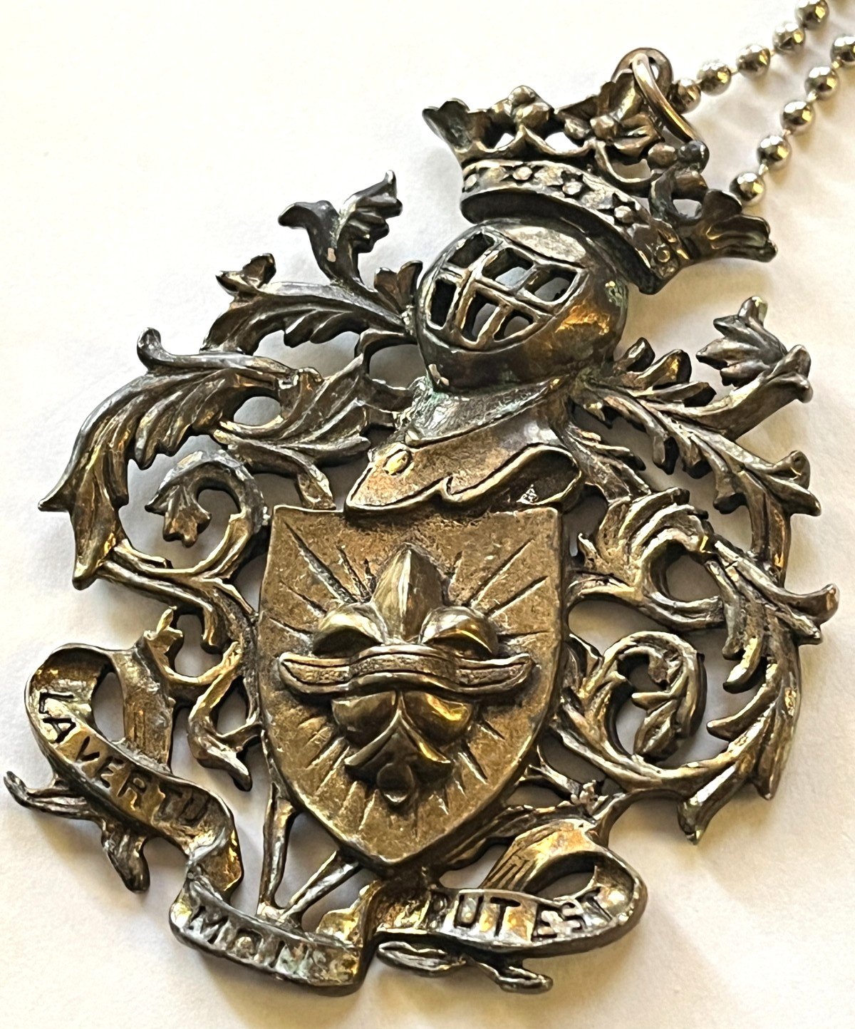 Vintage Coat of Arms Crown Fleur de Lis Shield Pendant Brass/Bronze with Patina