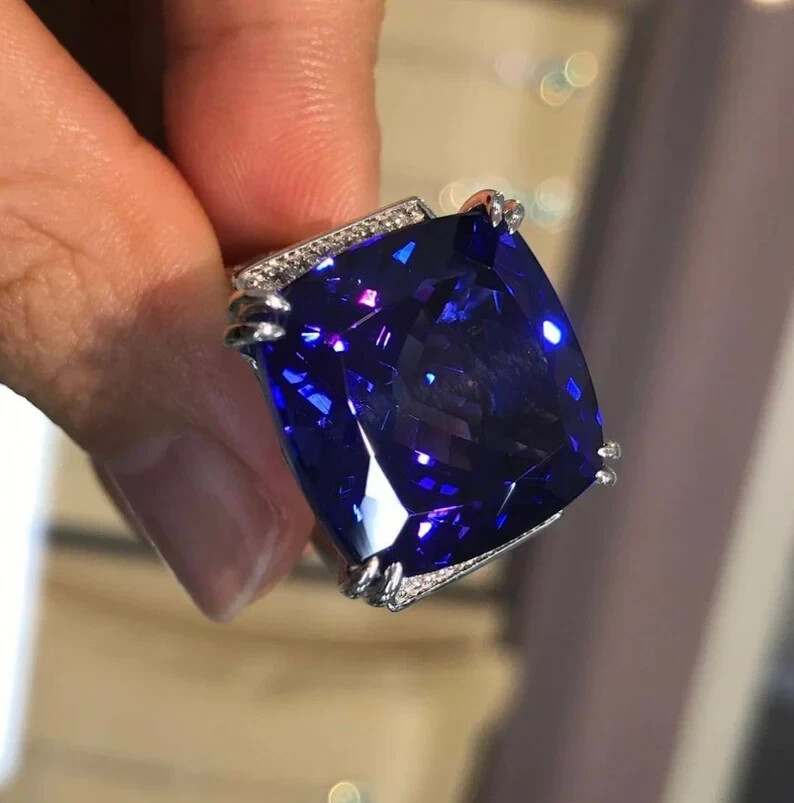 Excellent 26.75CT Lab-Created Cushion Royal Blue & White Sapphire Wedding Ring