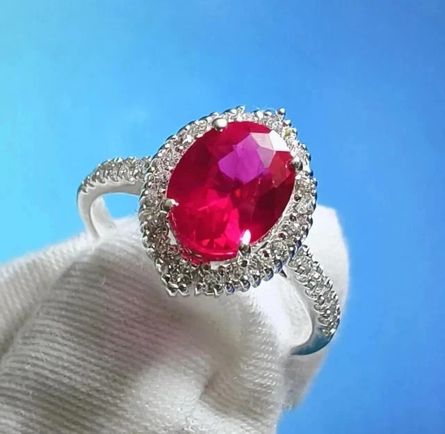 5.00Ct Oval Cut Cut Natural Red Ruby & Diamond 14K White Gold Engagement Ring