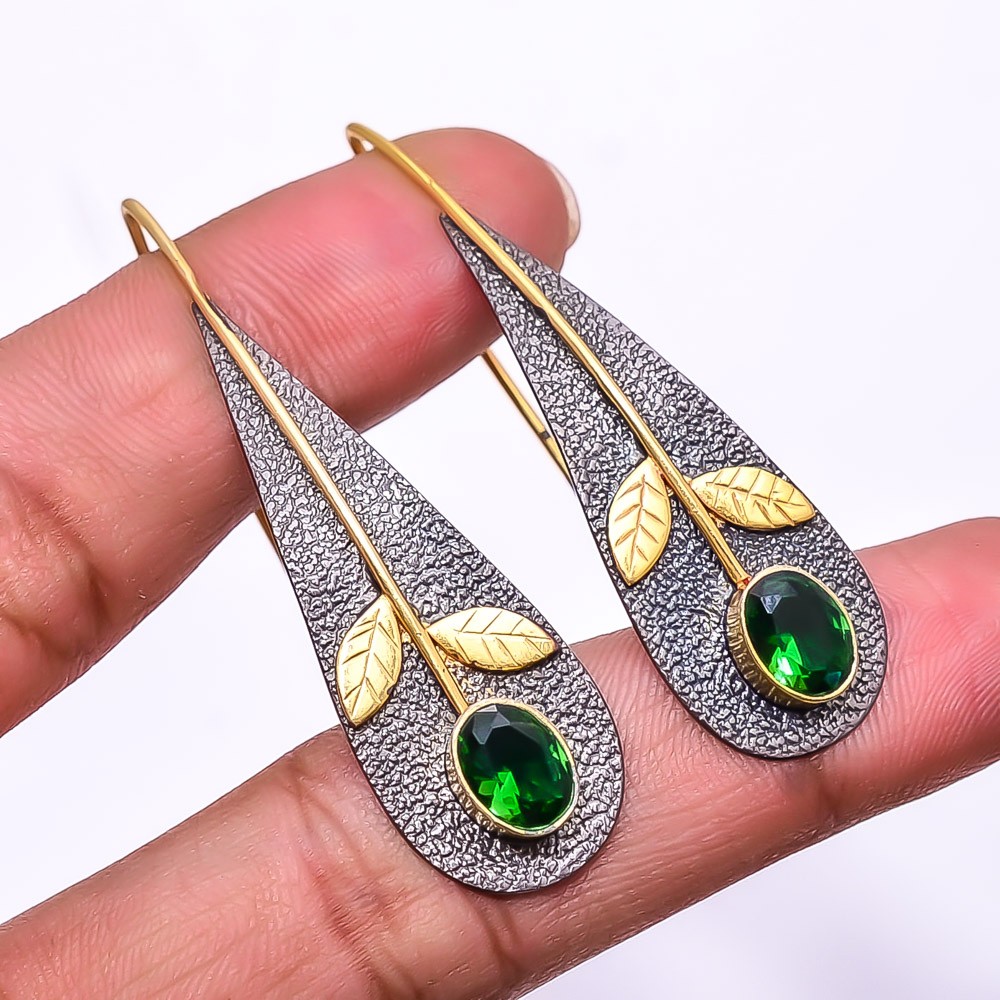 Emerald (Simulated) 925 Silver Black & Gold Rhodium Plated Earring 2.15″ E4