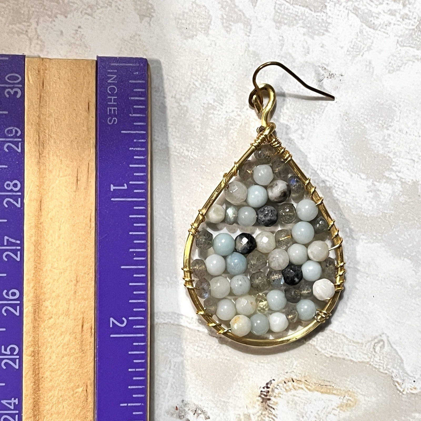 Goldtone Wire Wrapped Round Stones in Teardrop Earrings 1 1/4″ x 2 1/8″ Dangles
