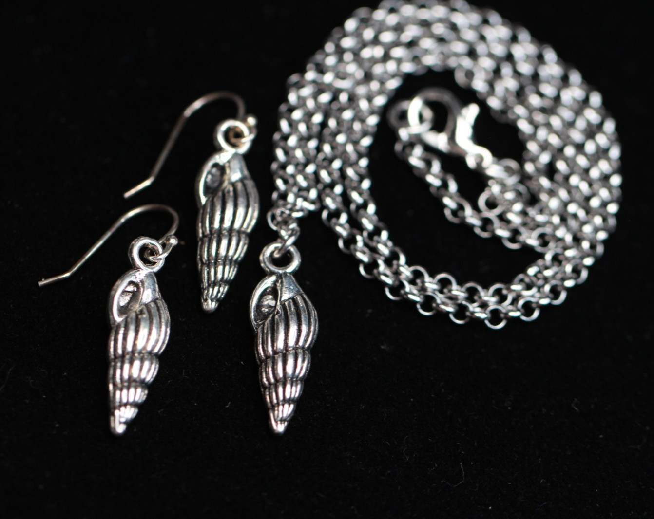 Sea Shell Necklace Set Earrings Silver Pewter Charms, Sterling Silver Hooks