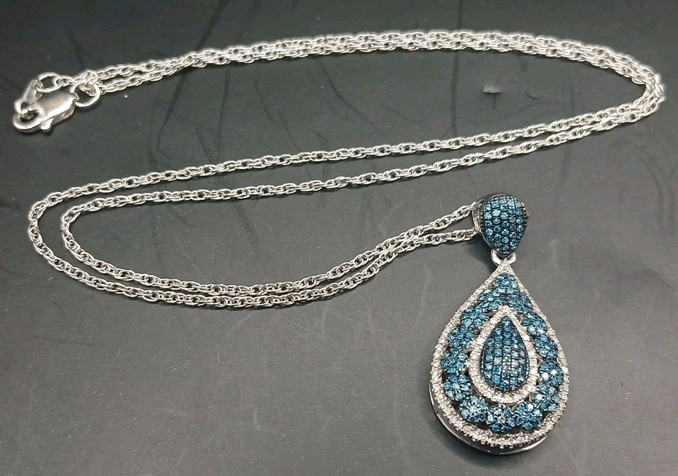 14K White Gold Blue & Clear Diamonds MS & co. Teardrop Pendant/Necklace