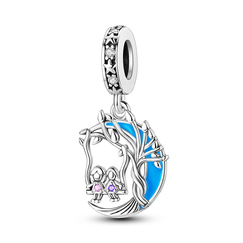 MULA European Silver Plated CZ Charm Enamel Swing and Moon For Women Bracelet