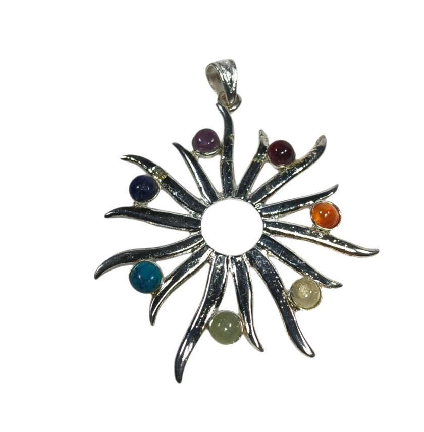 Pendant Multi Color Starburst Chakra Silver tone Turquoise Lapis and More