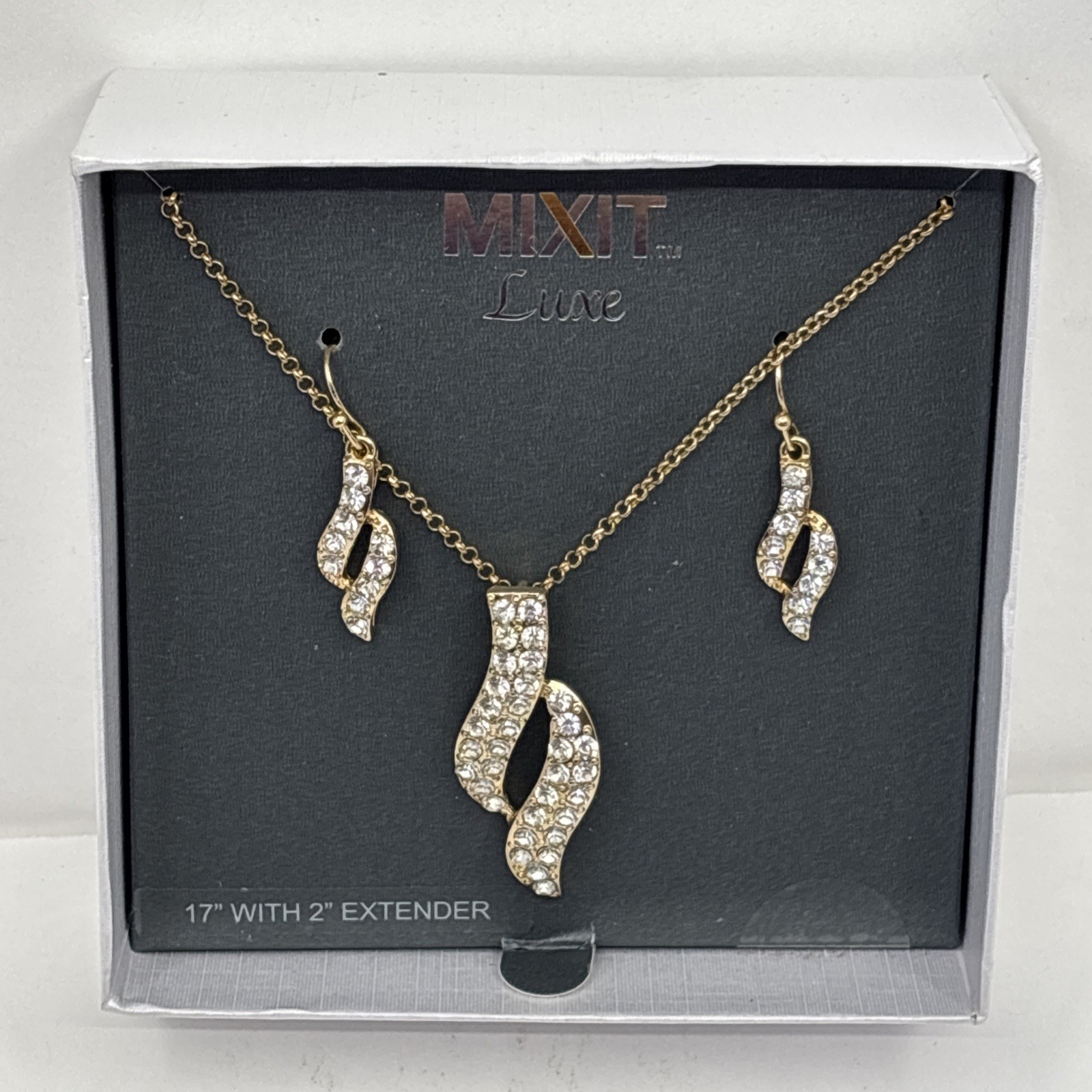 Mix-it Cubic Zirconia Earrings & Necklace Set 17” With 2” Extender Gold Tone