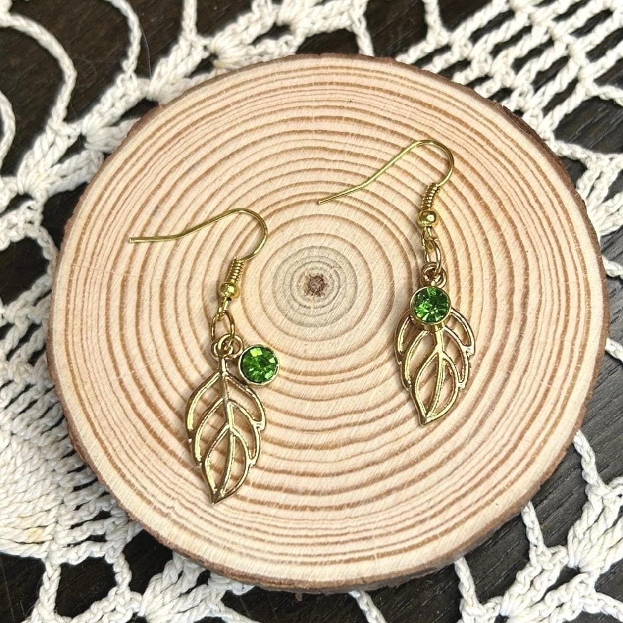 Gold Leaf Dangle Earrings with Green Rhinestone Accent Cute Fashion