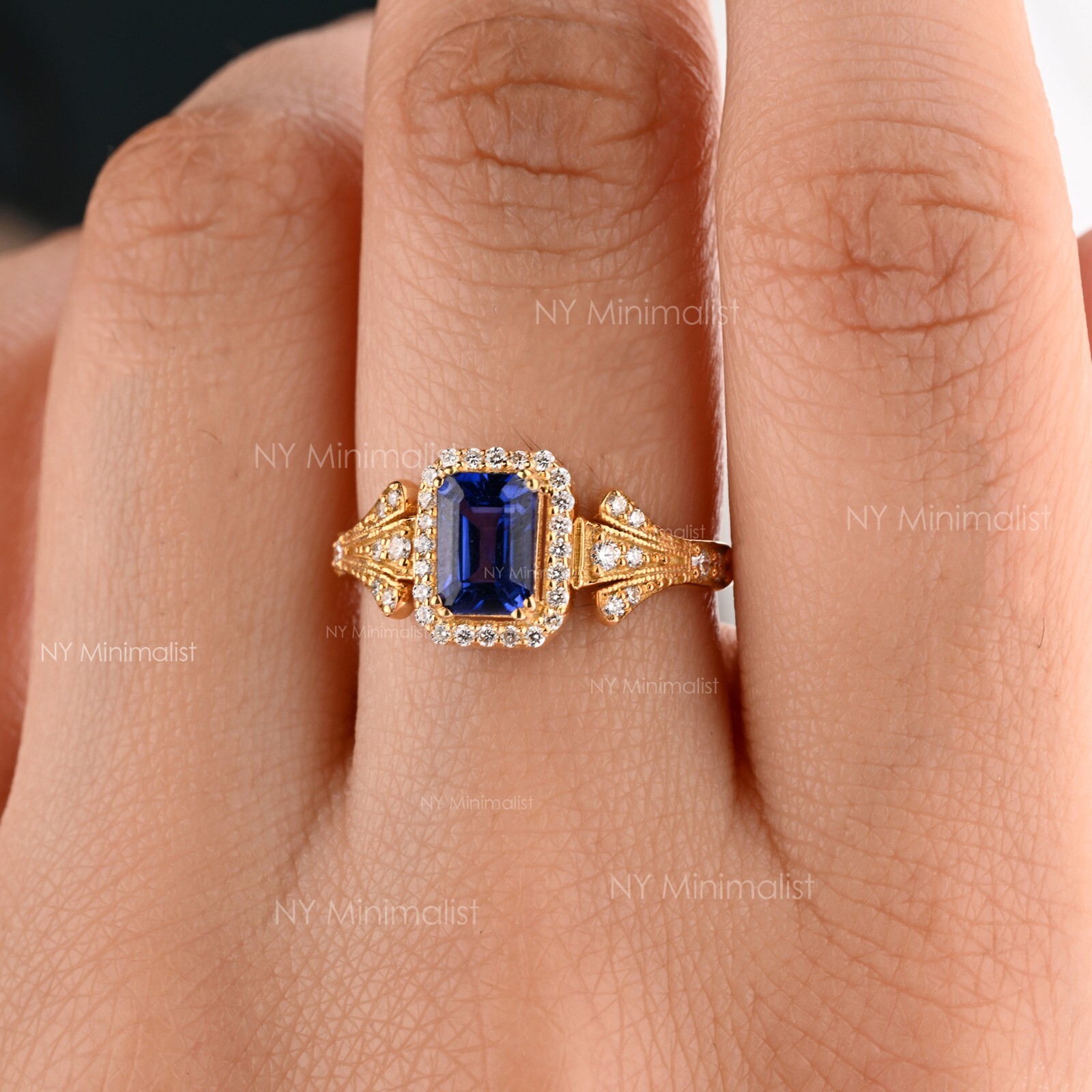14K Solid Gold Natural Emerald Cut Diffused Blue Sapphire & Diamond Halo Ring