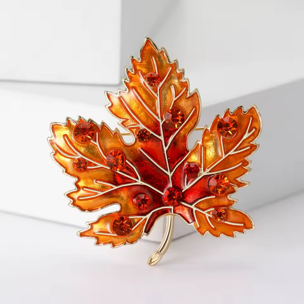 Vintage Orange Maple Leaf Brooch Crystal Rhinestone Gold Fall Pin Jewelry Gift