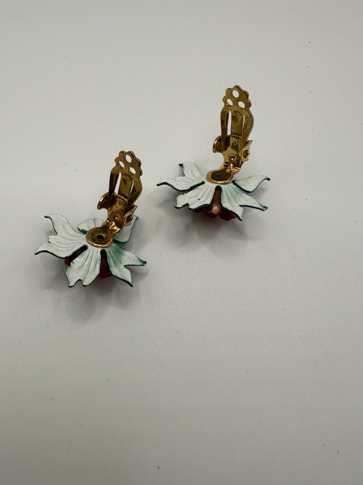 Vintage Metal and Enamel Red Rose Clip On Earrings 1”W