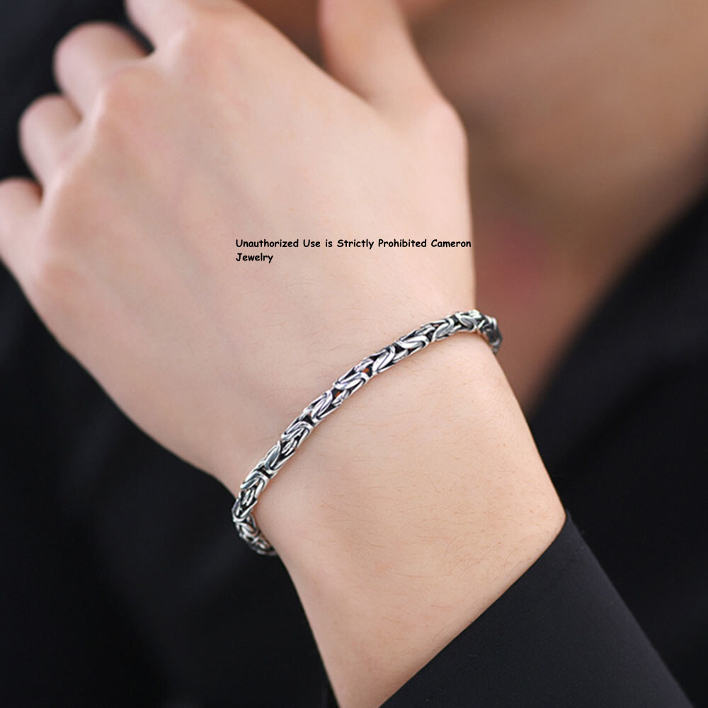 Pure S925 Sterling Silver Chain Men Women 4mm Byzantine Link Bracelet 6.7-8.7inL