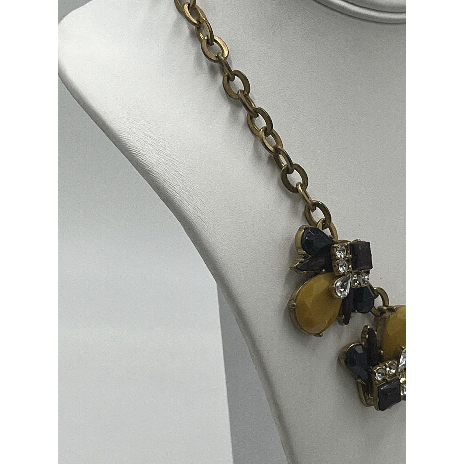 J. Crew Mustard Yellow Blue Eggplant Antique Gold Rhinestone Statement Necklace