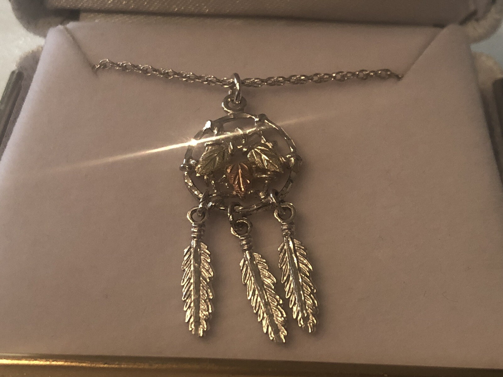 Landstrom’s Black Hills Gold 12K Solid Gold Dreamcatcher Pendant Feather 18in