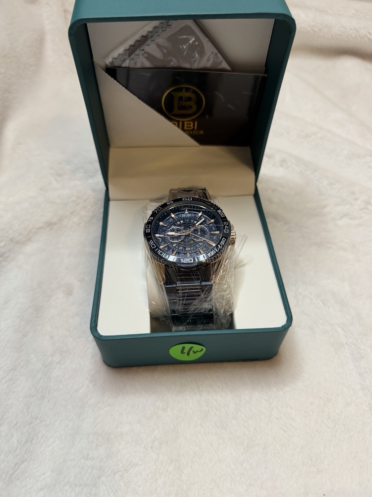 BIBI Blue Dial Chronograph Quartz Gold Blue Tone Metal Bracelet Tachymeter Box