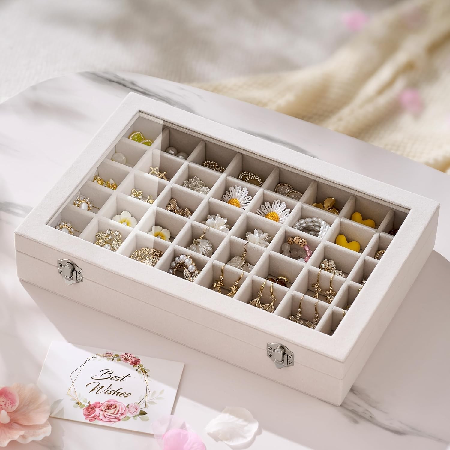 48 Grid Velvet Earring Organizer Tray with Lid, Jewelry Storage for Vanity