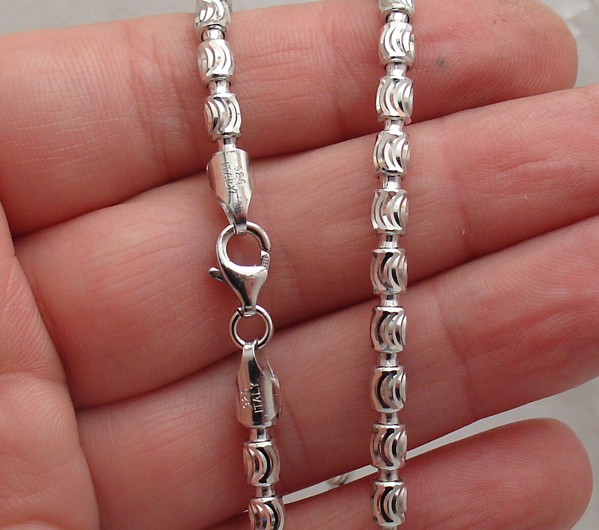 20″ Moon Cut Bead Ball Chain Necklace Anti-tarnish Real Sterling Silver 925