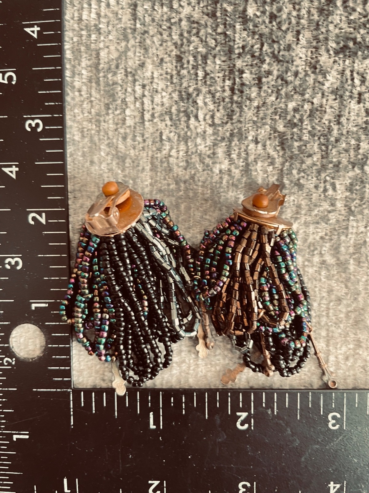 VTG 80s Glass Seed Bead Clip Earrings Brooch Metallic Iridescent Pom Pom Fringe