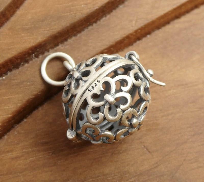 Antiqued Sterling Silver Cutout Scroll Small Ball Locket Pendant Aromatherapy