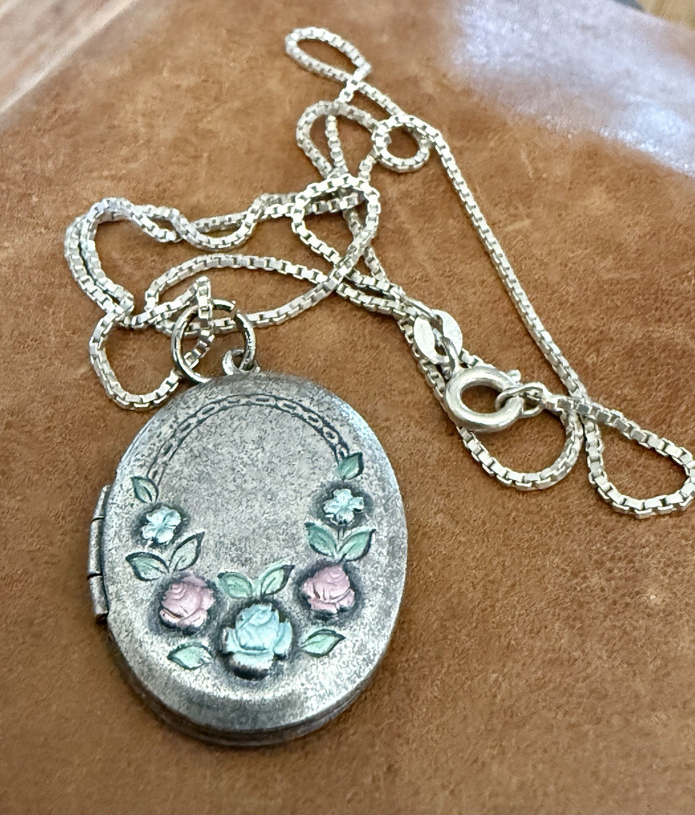 Antique Sterling Silver Enamel Rose Motif Photo Medallion Pendant Necklace 18”in