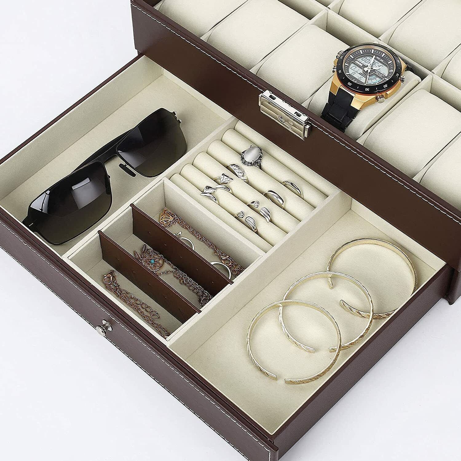 12 Slot PU Leather Lockable Watch Storage Boxes Men Jewelry Display Drawer Case