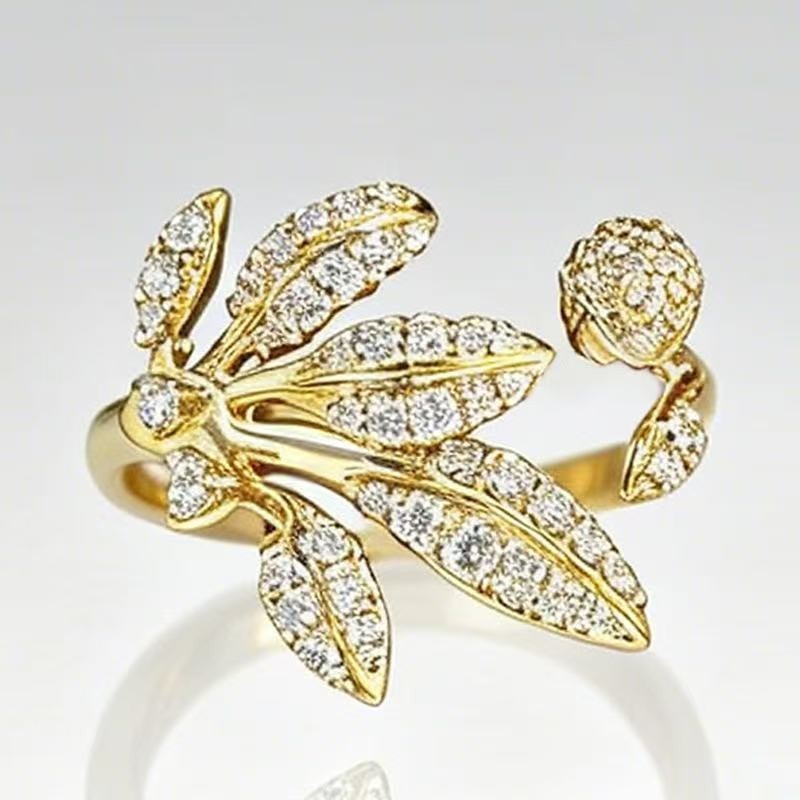 Fashion Women 18k Gold Plated Sparkling CZ Leaf Band Ring Adjustable Size 7-9