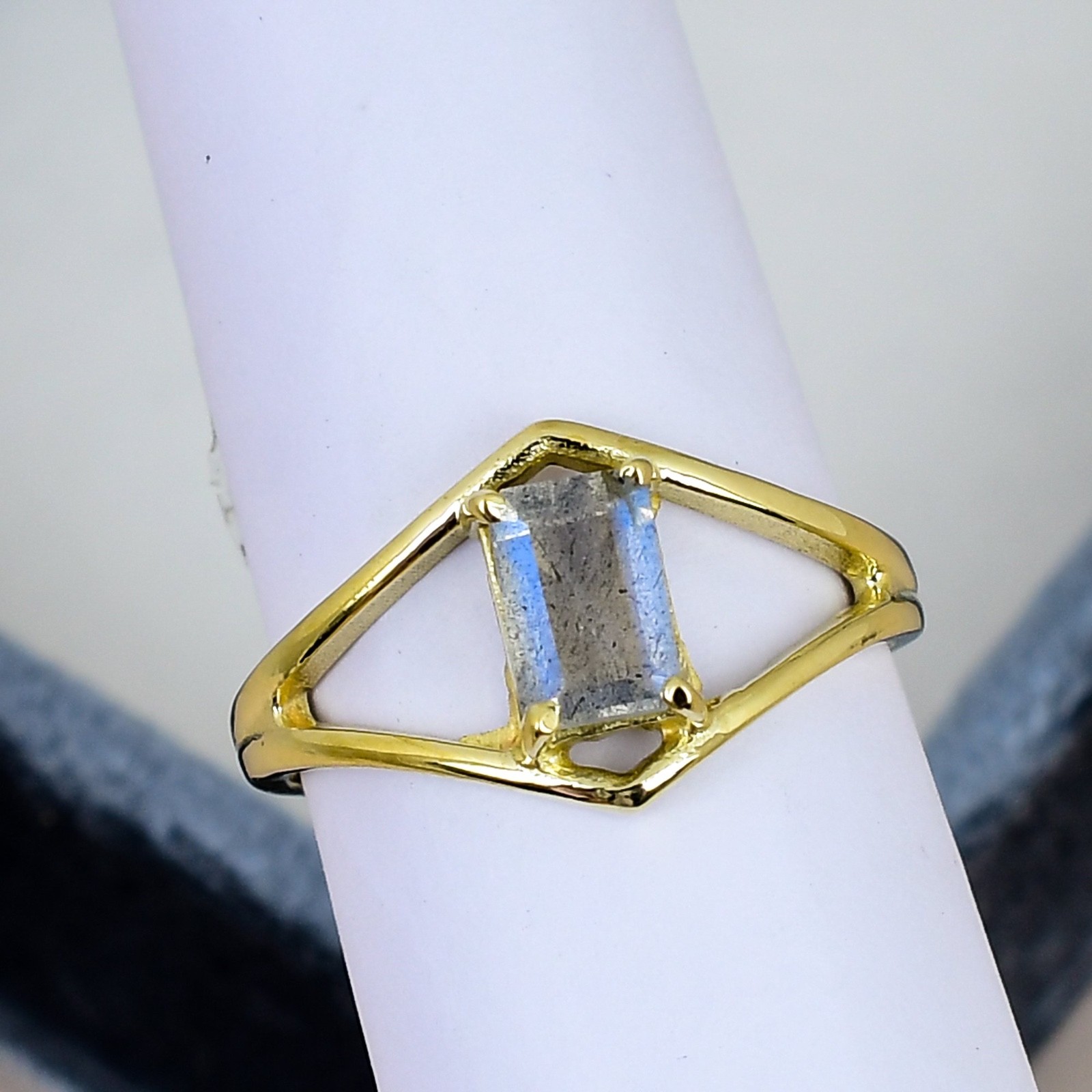 Labradorite Ring 18K Gold Plated 5x7mm Baguette Gemstone Minimalist Ring