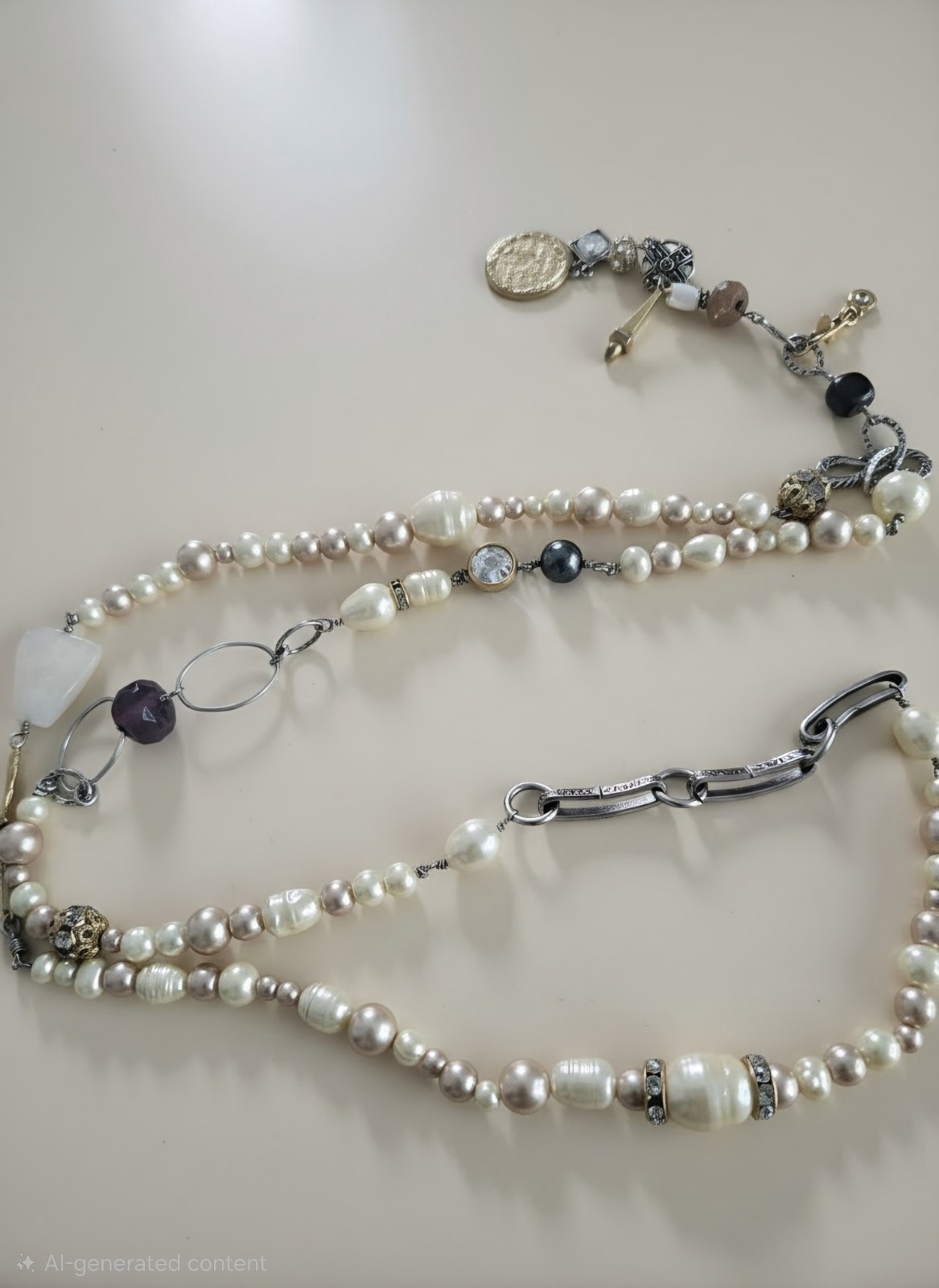 Cabi #2147 Treasure Necklace Mixed Media Pearls Charms Gold Silver Boho Chic