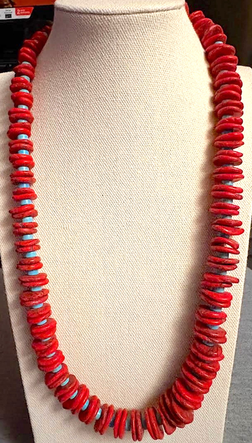Graduated Red Magnesite Turquoise/Turquoise/25″/Gemstone Necklace (MTT-25)
