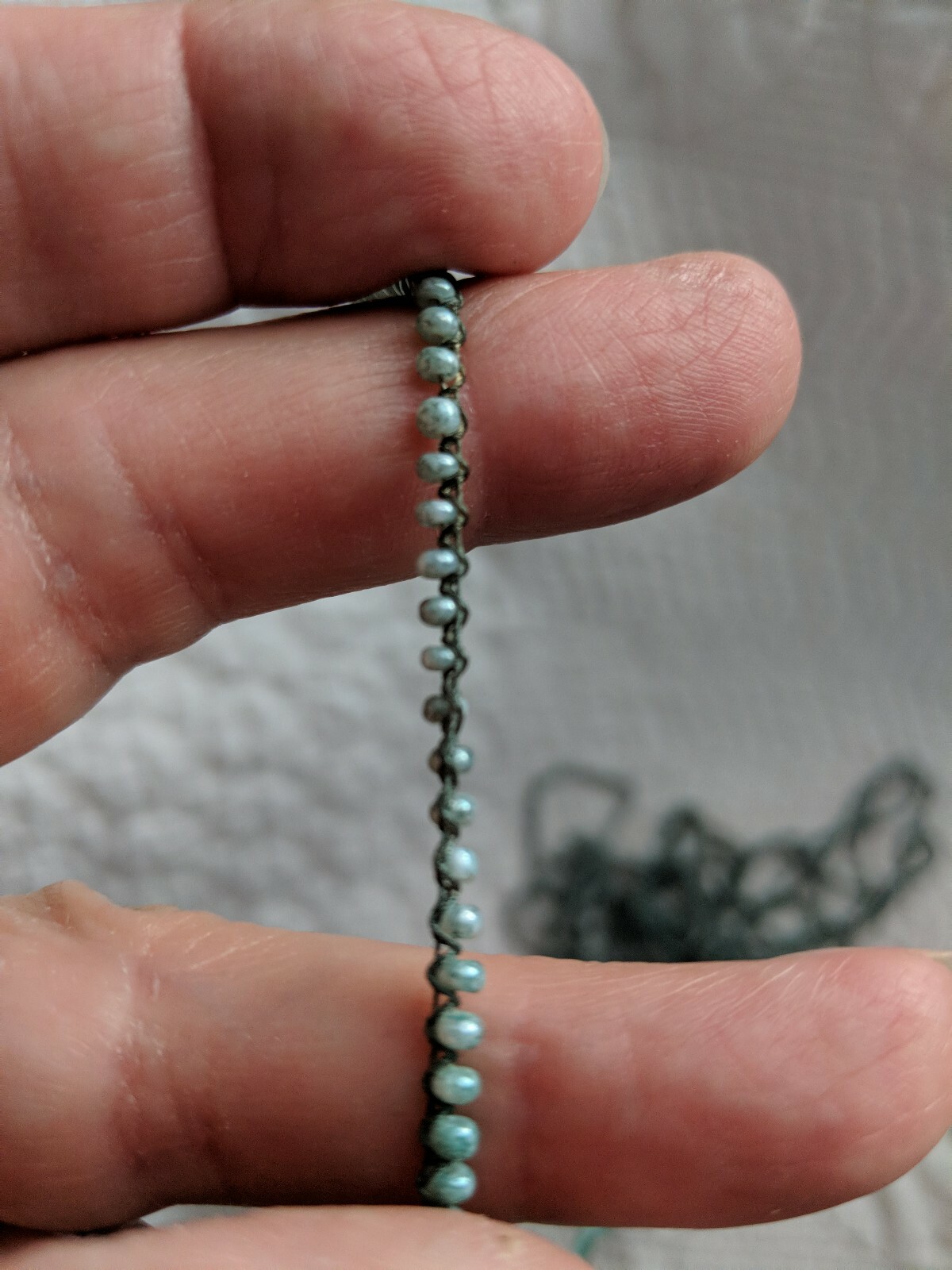 VINTAGE Aqua Green Iridescent Glass Seed Bead Strand Attached to String
