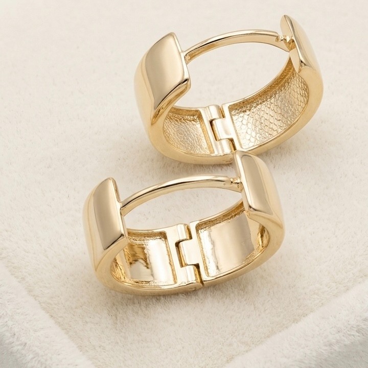 10K Yellow Gold Wide Huggie Hoop Earrings 13mm x 5mm High Polish Clicker