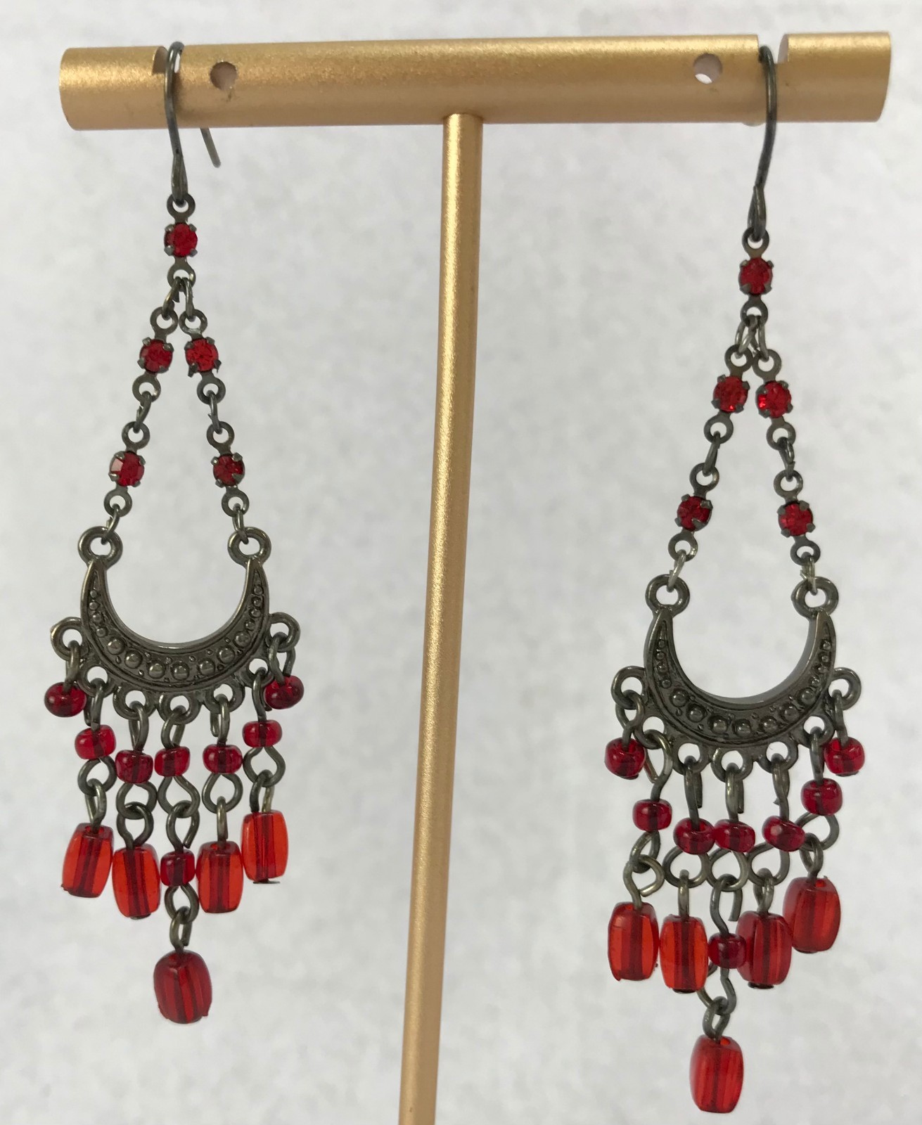 Vintage Silver Tone, 3″ Red Rhinestone, Teardrop Chandelier Earrings JWL-1372