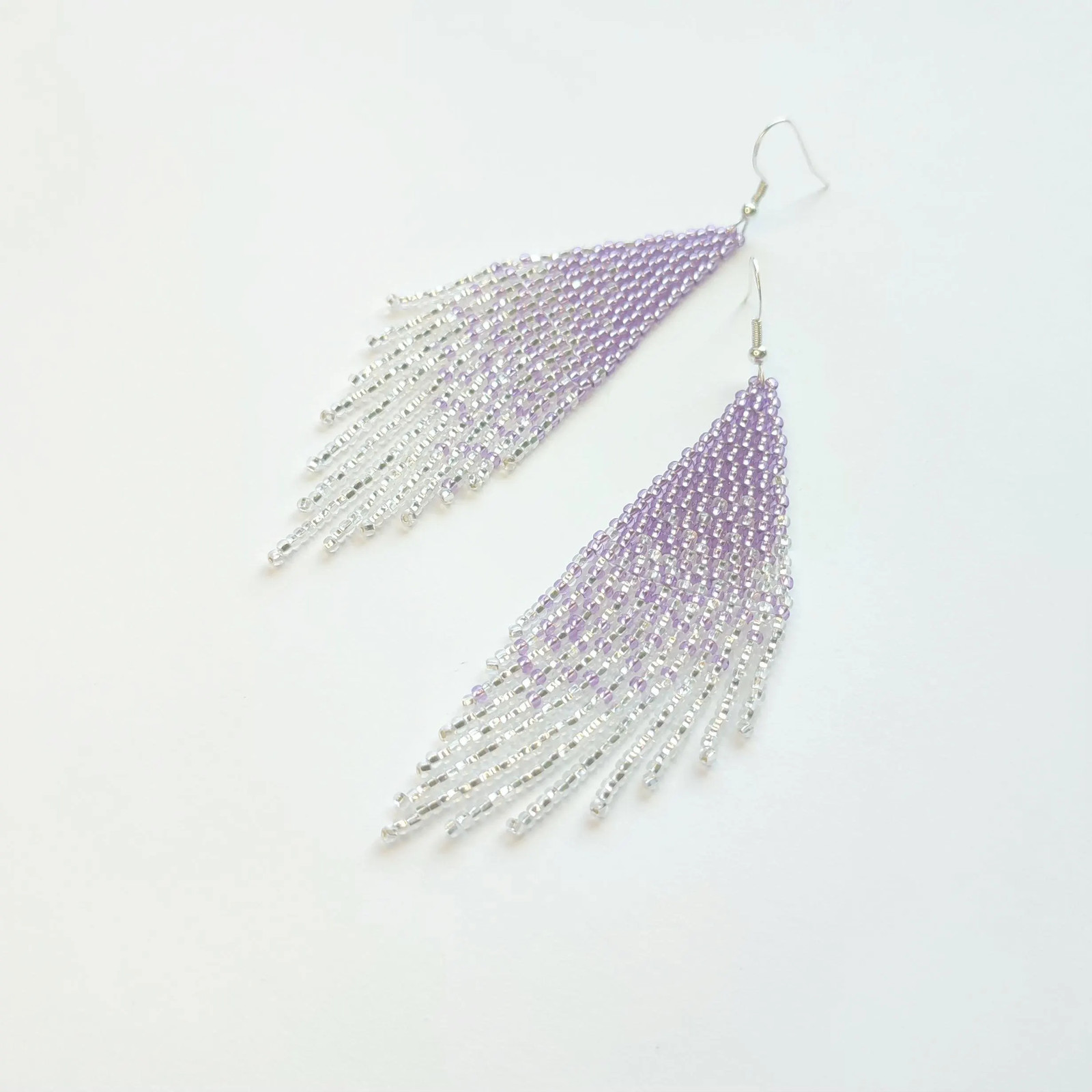 Ombre Beaded Fringe Earrings: Purple Silver Boho Dangle Jewelry
