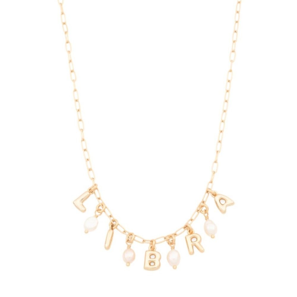 NWT LUNA NORTE Libra Gold Tone Pearl Astrological Lettering Necklace w/ Gift Box