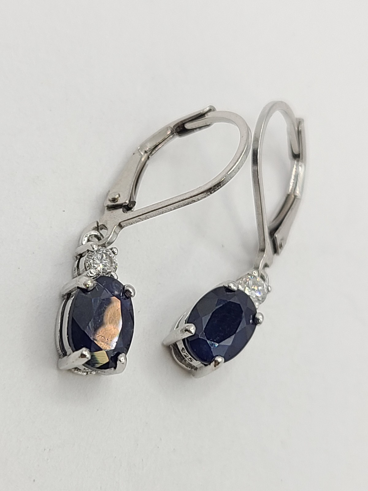 Diffused Blue/White Sapphire Dangle Drop Sterling Silver Hoop Earrings