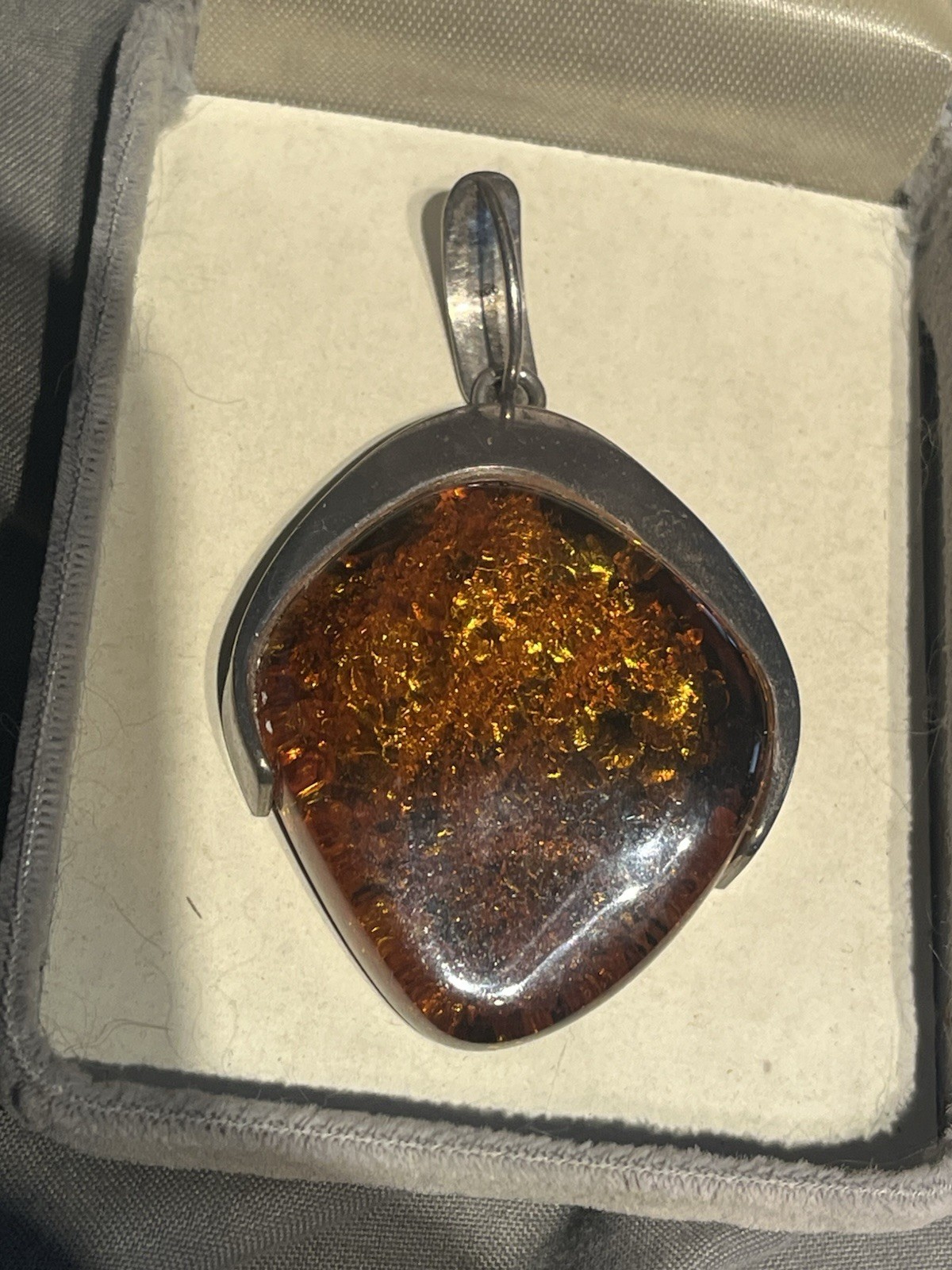 Vintage .925 Sterling Silver Baltic Amber Pendant Modernist Statement 22.4g