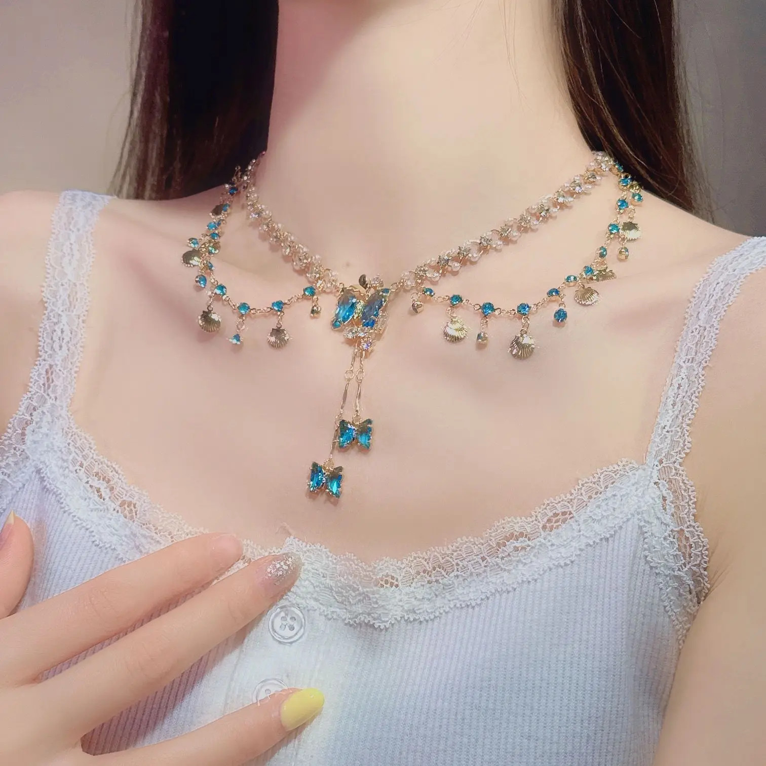 Multi-layer Copper Alloy Simulation Crystal Necklace Women Hanfu Collarbone Girl