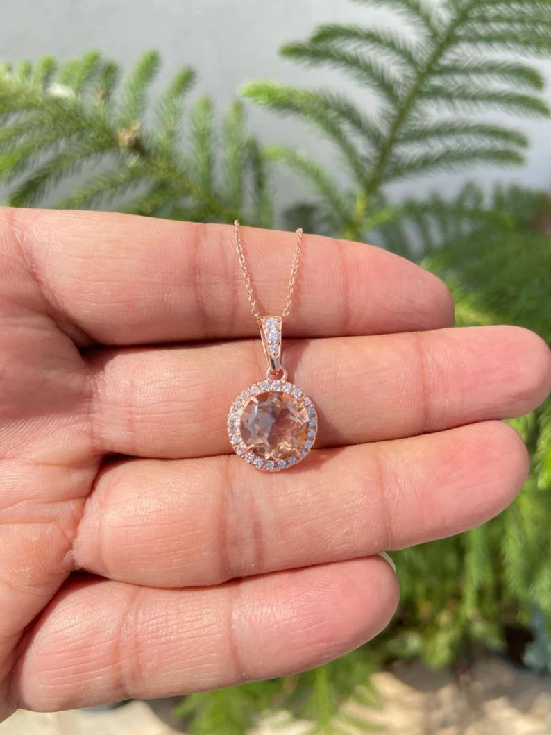 2Ct Round Simulated Morganite Beauty Halo Pendant Necklace 14K Rose Gold Plated
