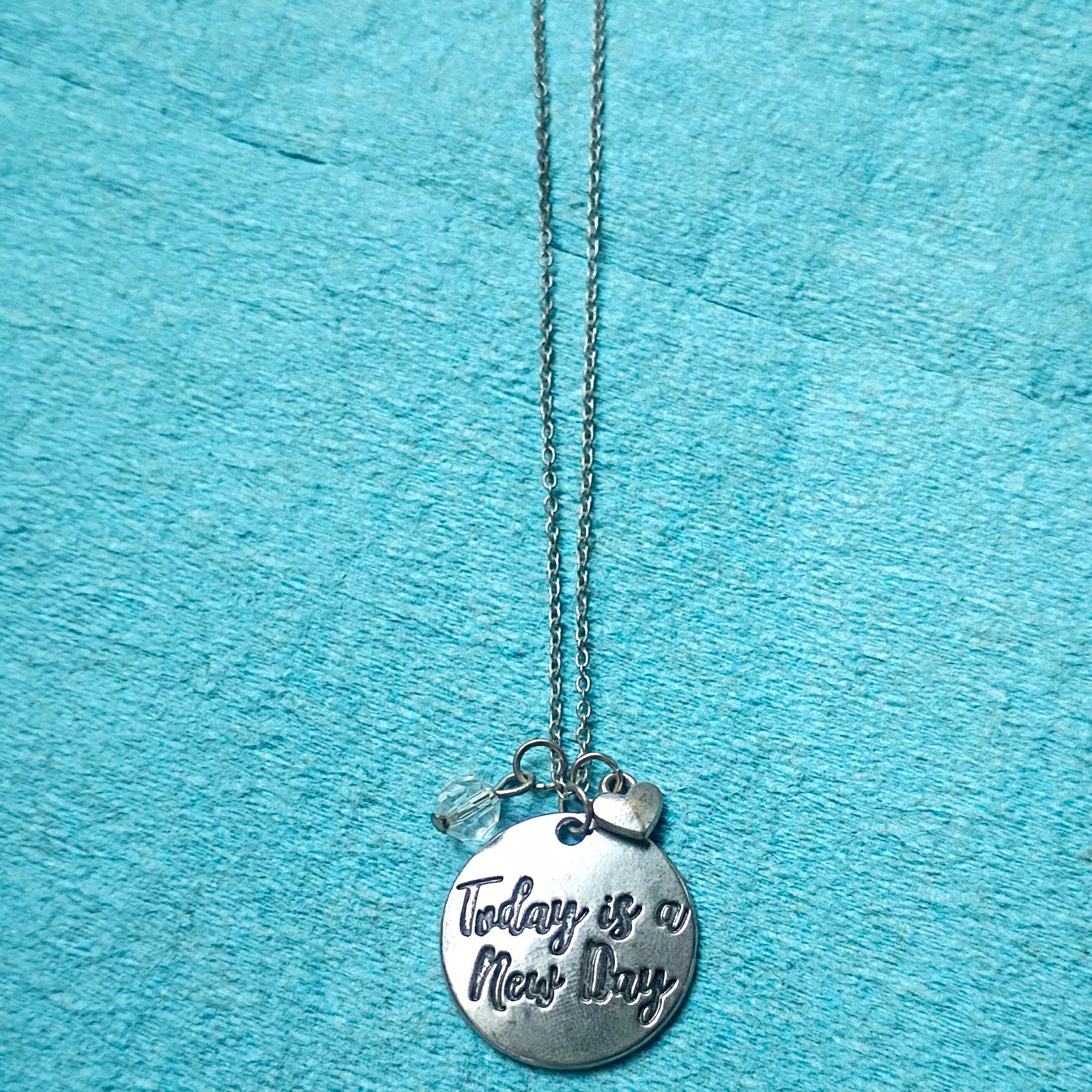 Silver Tone Engraved Round Disc Charm Pendant Necklace Cable Chain “New Day”
