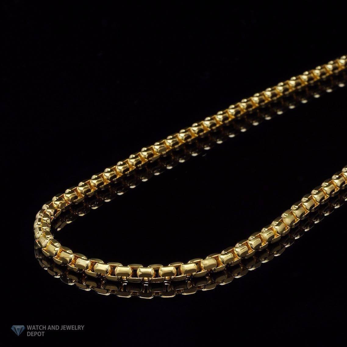14K Yellow Gold 3mm Round Box Chain (Solid Links) 18″-30″