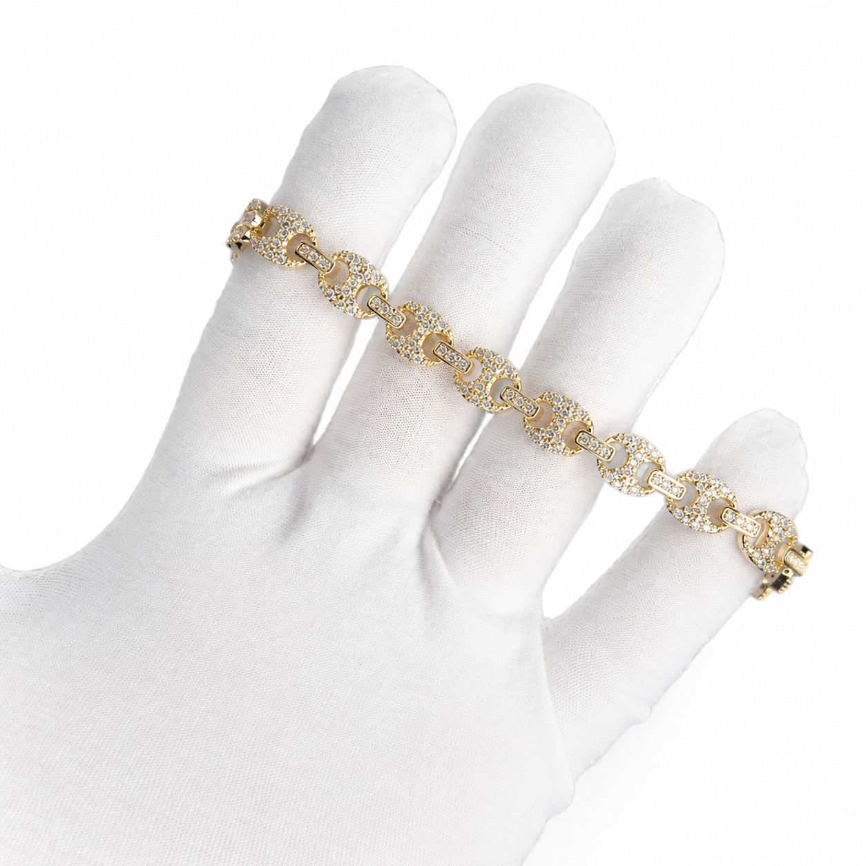 Italian 1/200 14k Yellow Gold Oro Overlay Iced CZ G Puff Link Bracelet Pulsera