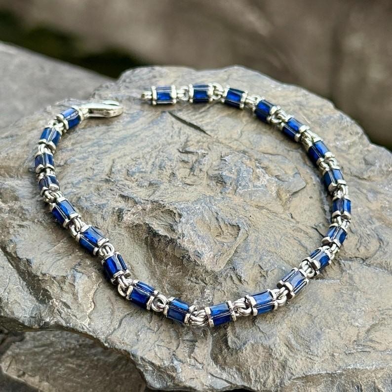 925 Sterling Silver Men Sapphire Byzantine Chain Link Bracelet