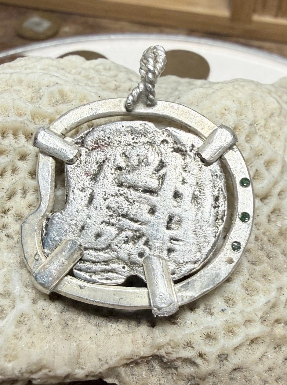 Authentic Spanish-Colonial 2-Reales Silver Shipwreck Cob Coin in Emerald Bezel