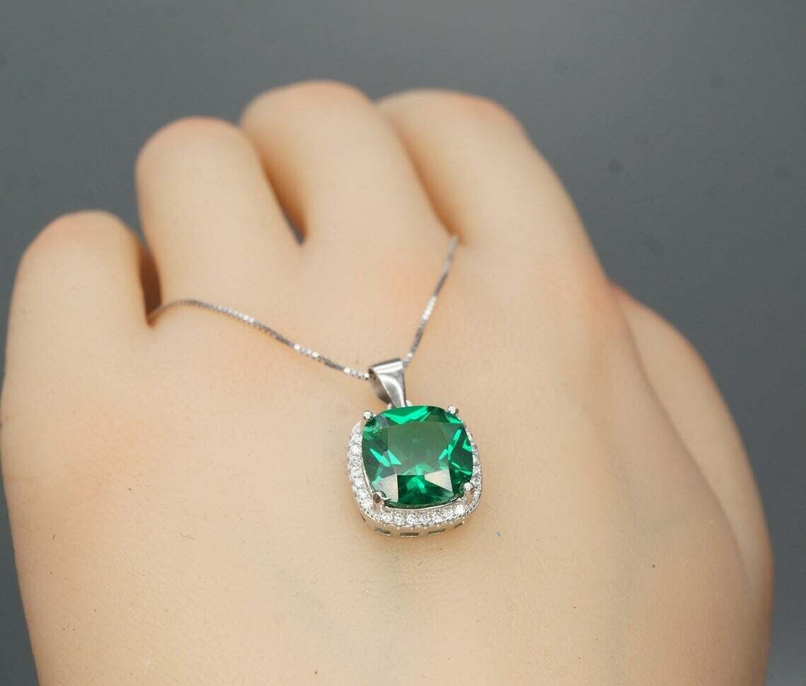2.00Ct Cushion Cut Lab Created Emerald Halo Pendant 14K White Gold Silver Plated